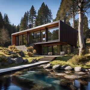 Casa Estilo nordica de 1 piso que se vea moderna , con materiales como grandes ventanas de vidrio , mu