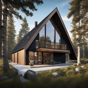 Casa dos aguas 1 piso , estilo nordica con revestimientos de madera oscura y piedra , ubicada en entor